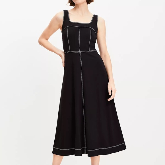 SOLD!!!LOFT Black Fit & Flare Midi Dress with Contrast Stitching – Size 8 - Picture 2 of 12